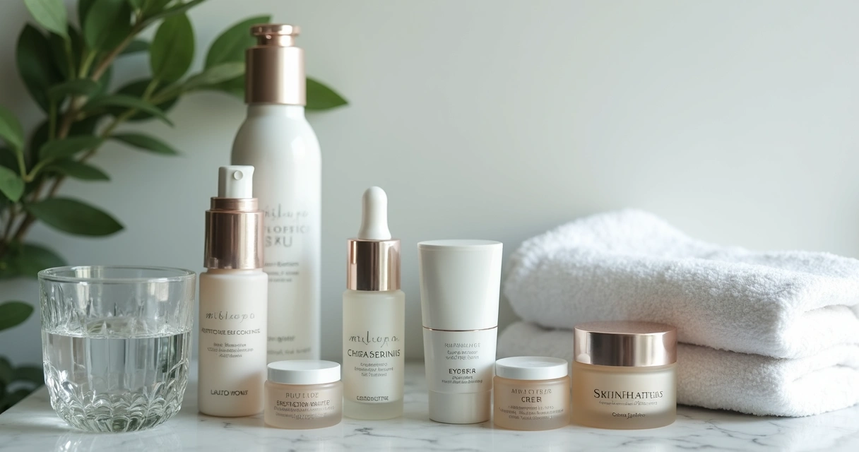 Vários produtos de skincare organizados em uma bancada 