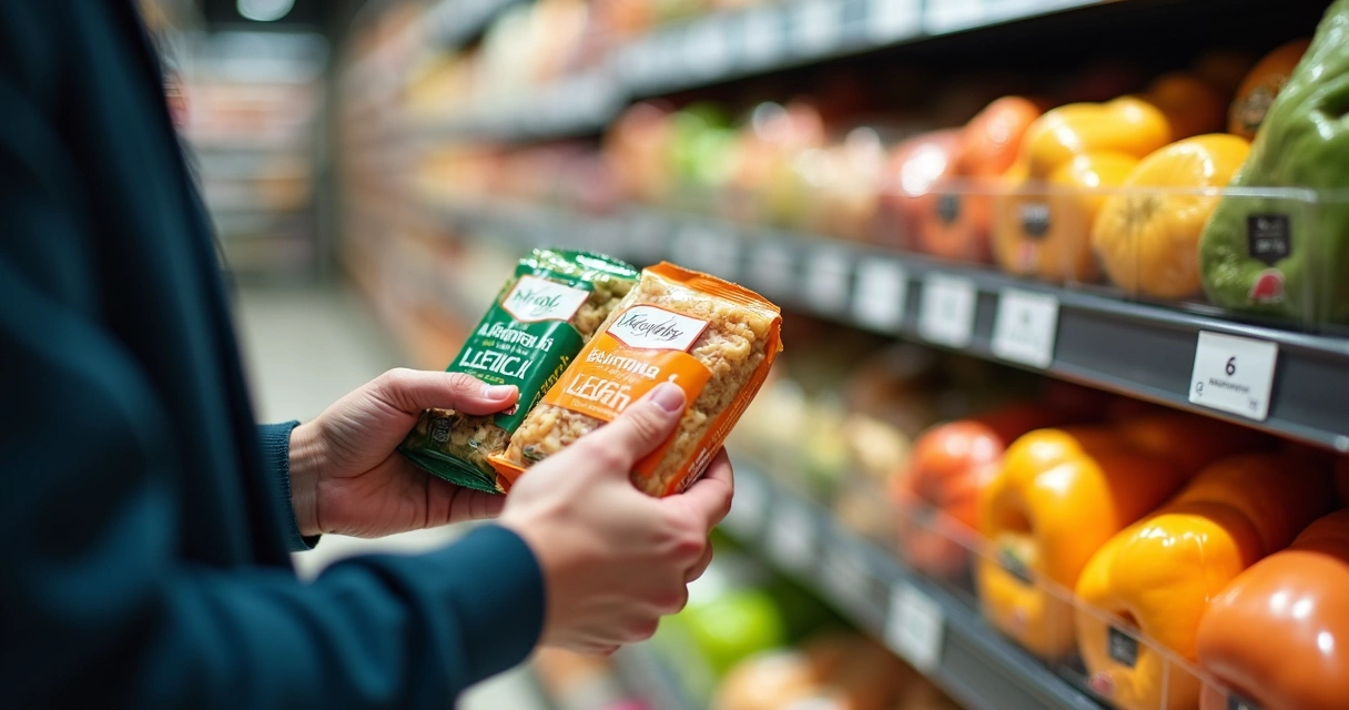 Pessoa comparando preço de produtos parecidos em uma prateleira de supermercado 
