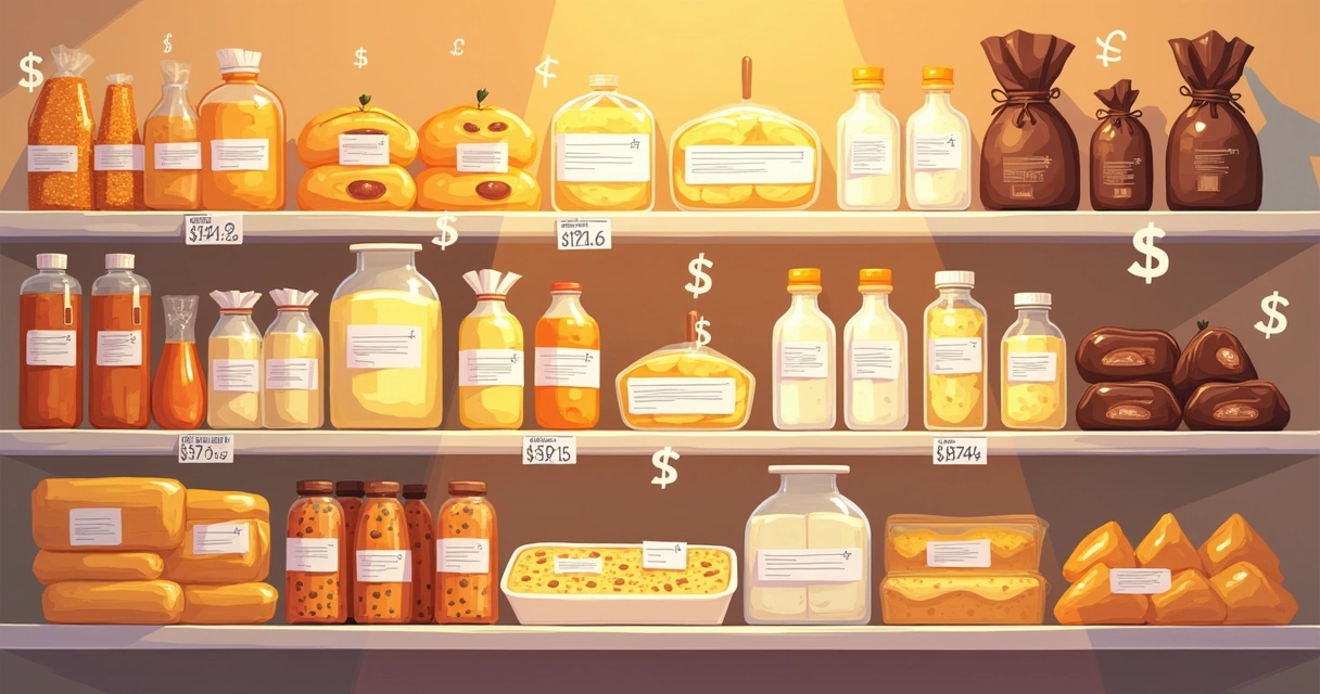 Prateleira de supermercado com produtos variados e etiquetas de preço, destacando influência do dólar. 