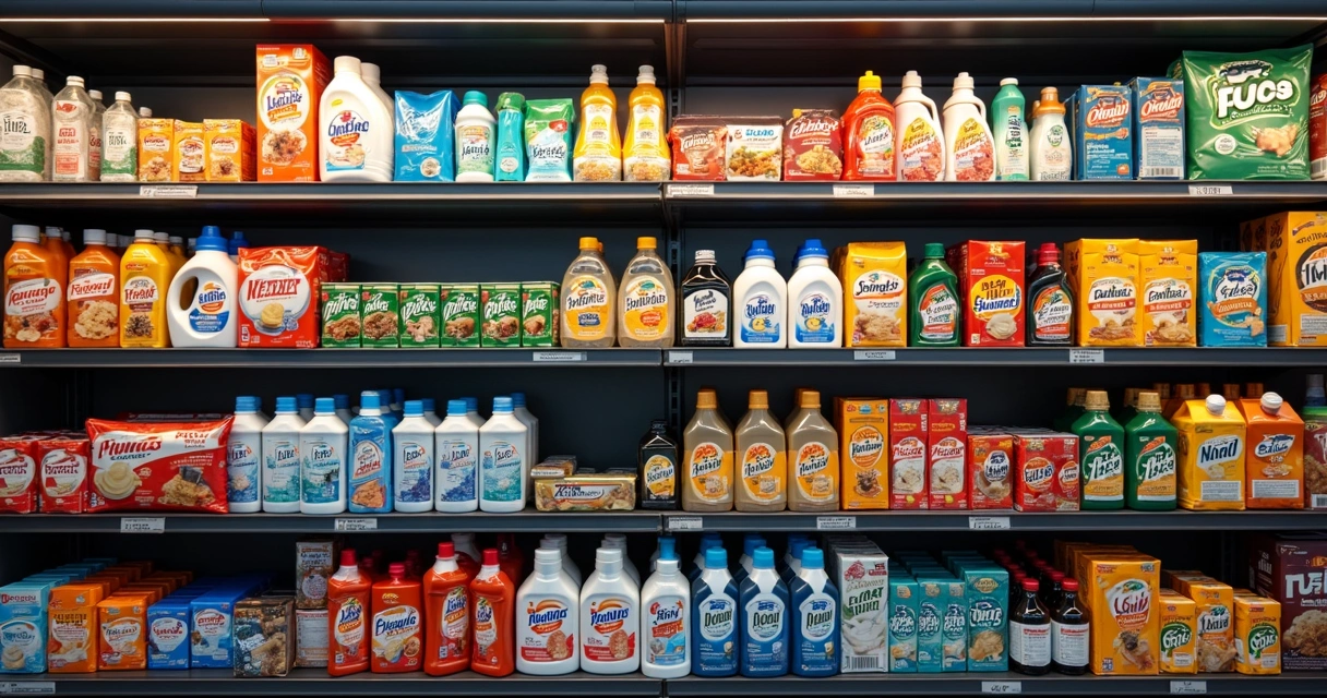 Prateleira com produtos de supermercado variados 