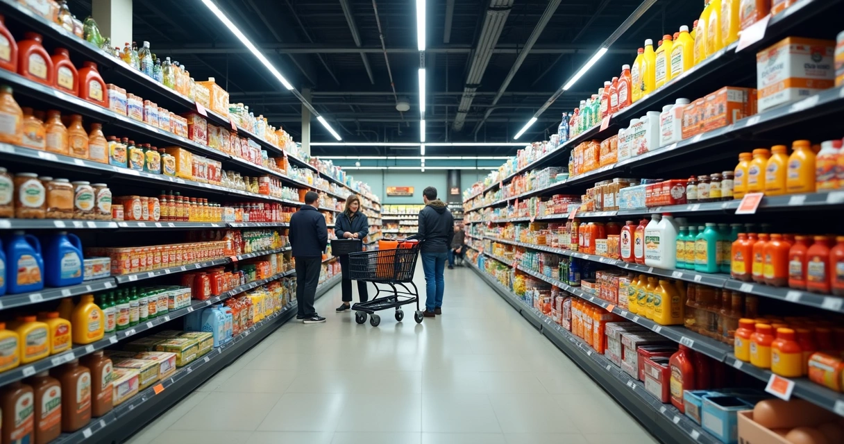 Produtos variados de supermercado em prateleiras 