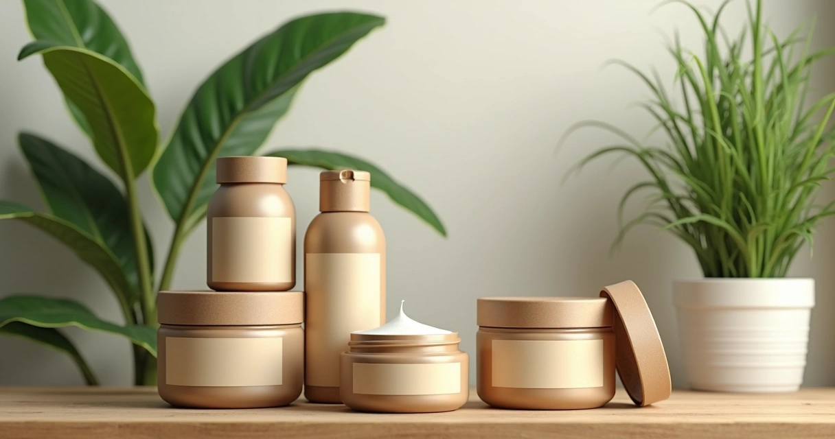 Embalagens recicláveis de cosméticos naturais com plantas ao fundo