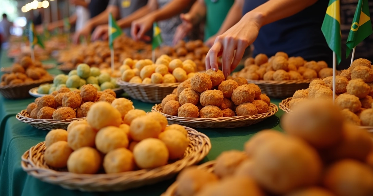 Produtos típicos brasileiros como pão de queijo e doces em uma feira na Flórida 