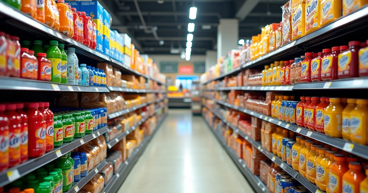 Variedade de produtos ultraprocessados em prateleira de supermercado 