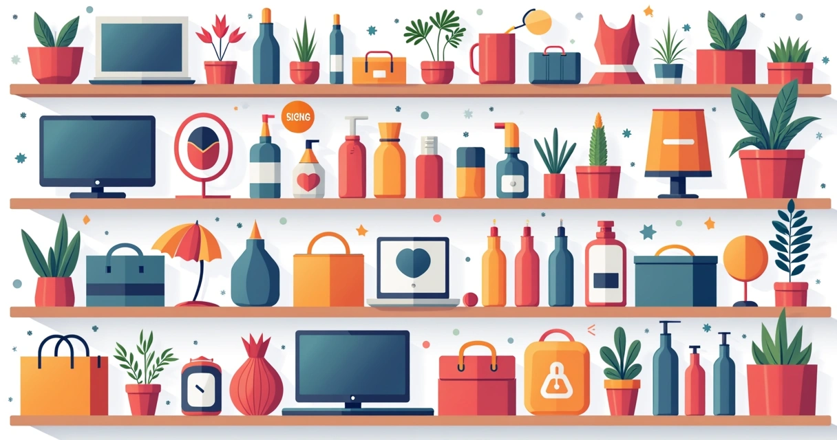 Diversos produtos expostos em uma prateleira digital.