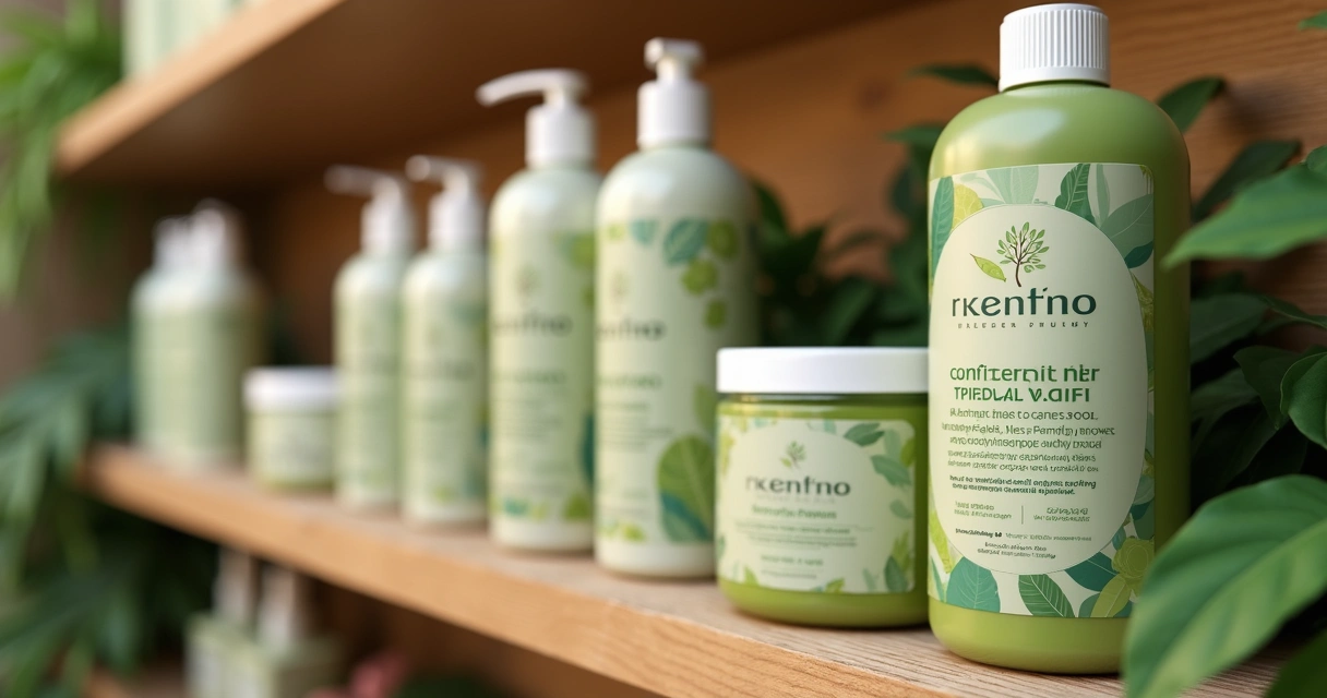 Linha de produtos veganos organizados em prateleira de salão 