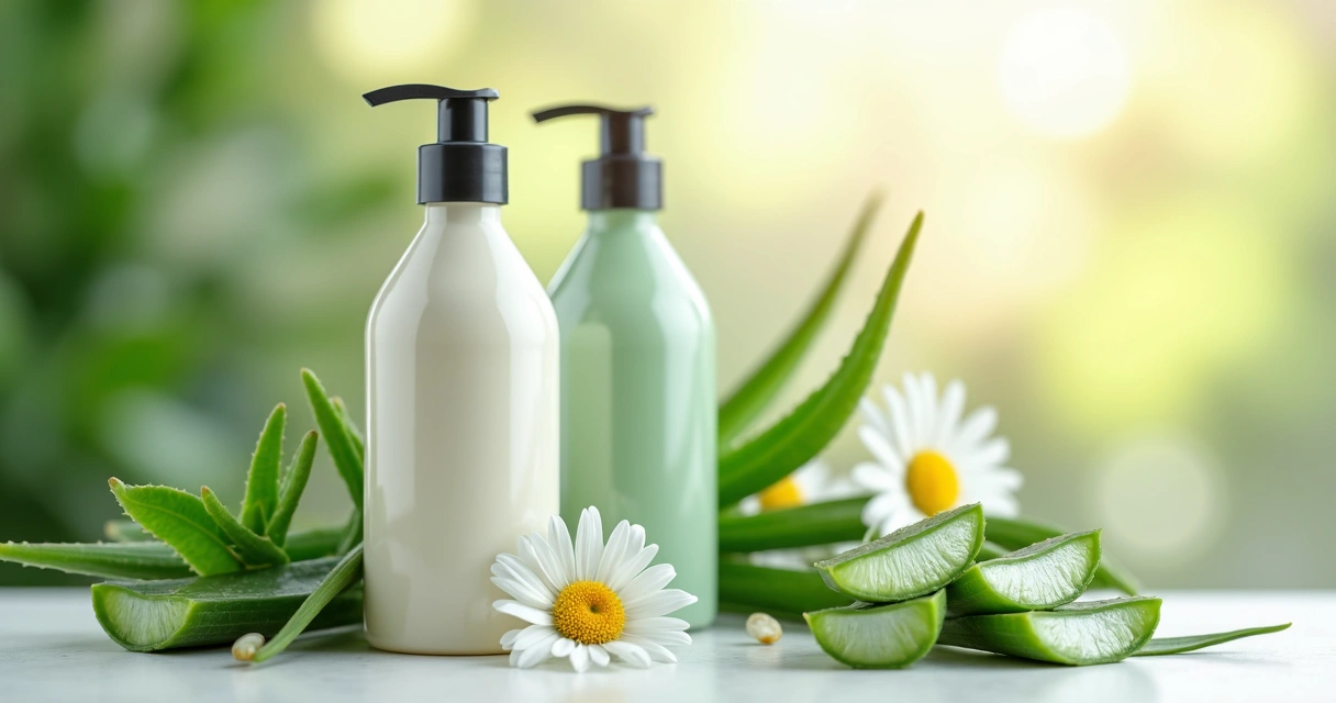Garrafa de shampoo e condicionador veganos com folhas verdes ao fundo 