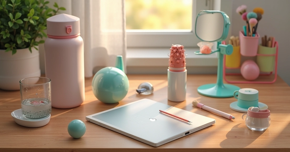 Diversos produtos virais modernos organizados em uma mesa