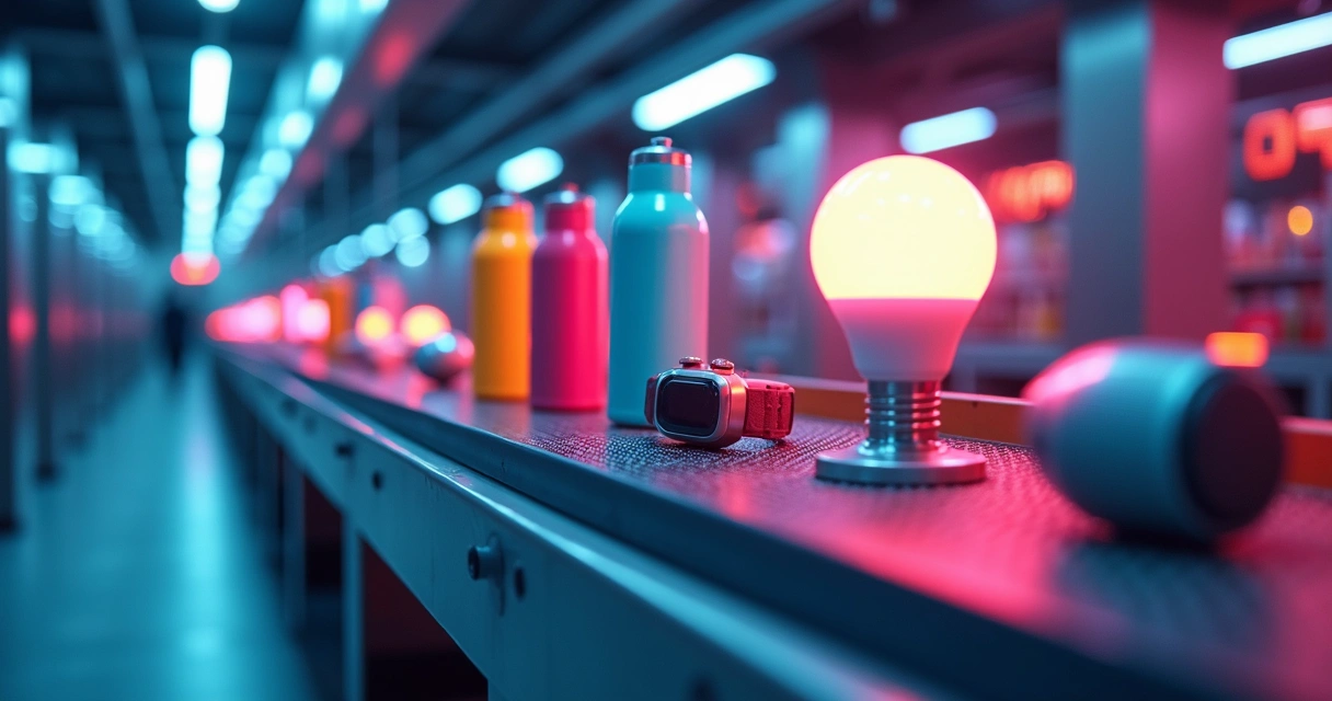 Itens de tendência em destaque numa esteira automatizada 