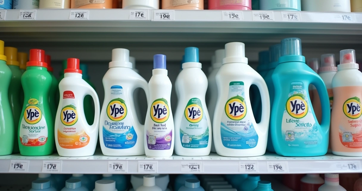 Produtos Ypê em prateleira de farmácia 
