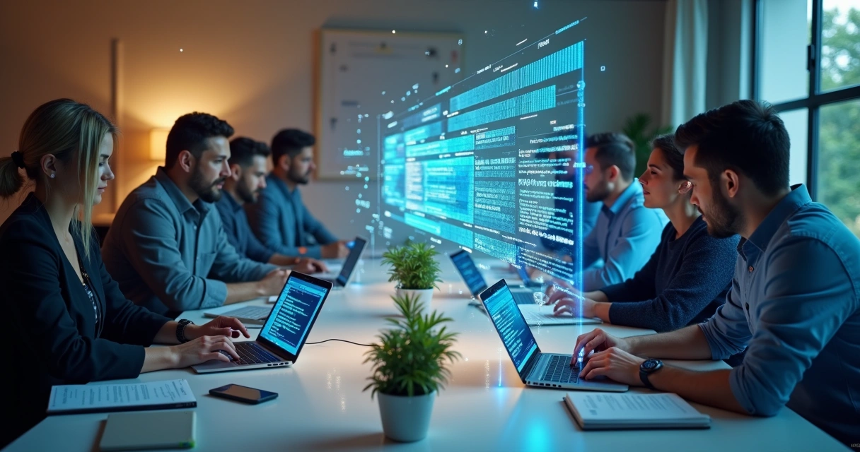 Equipe trabalhando em produção de conteúdo digital com IA 