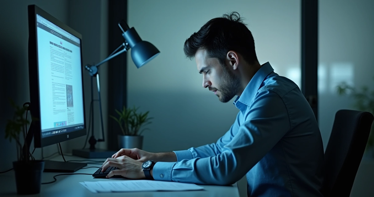 Profesional cansado frente a escritorio con documentos y ordenador 