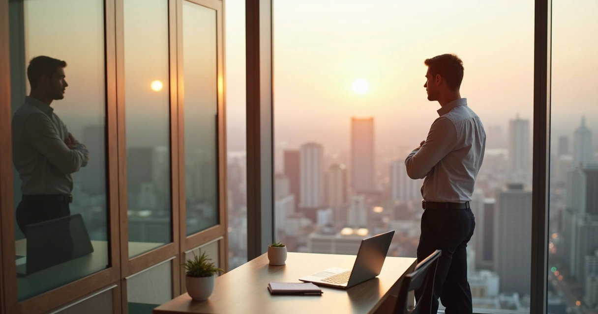 Profesional reflexionando frente a una ventana en una oficina moderna 