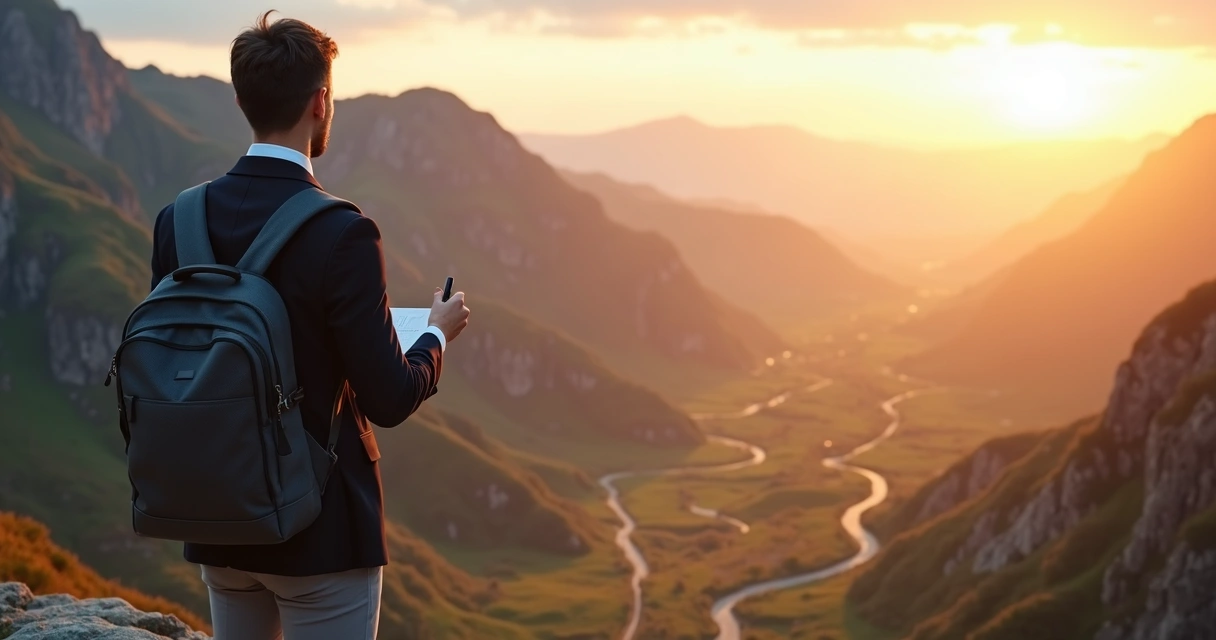 Profesional de espaldas en la cima de una montaña frente a un camino que se abre en varias direcciones 