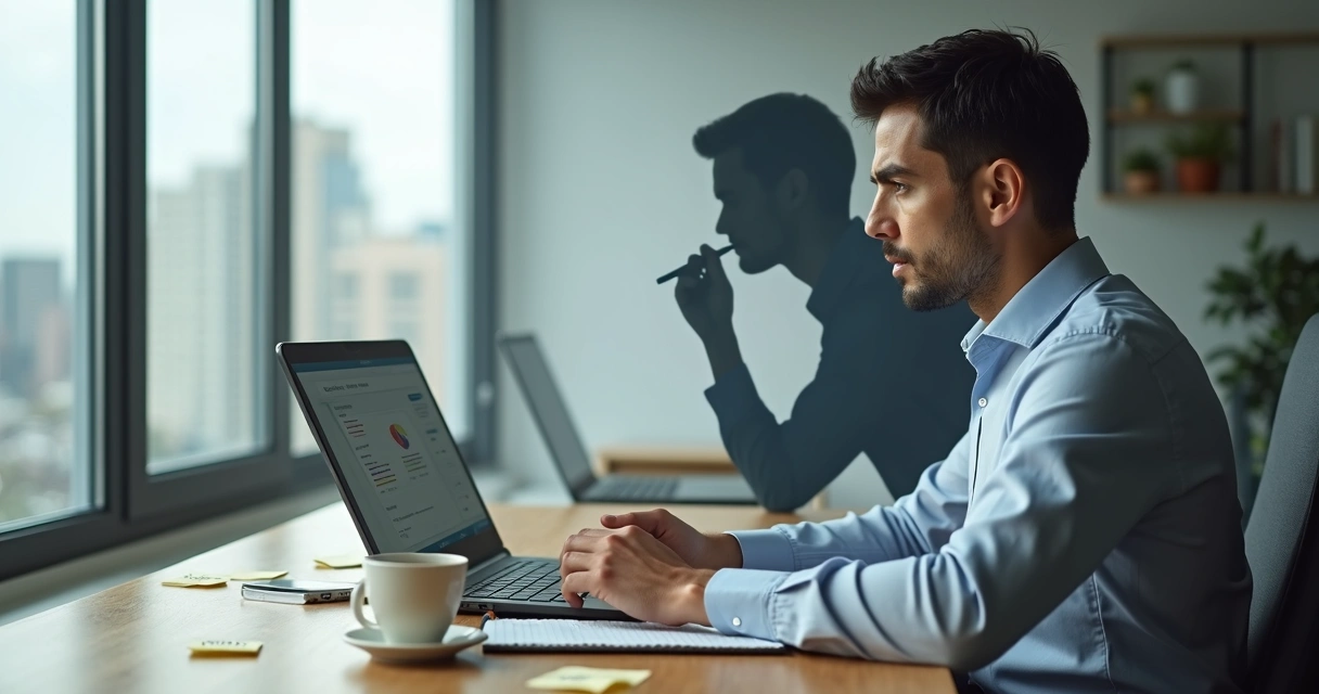 Profesional frente al ordenador con una versión de sí mismo que lo sabotea por detrás 