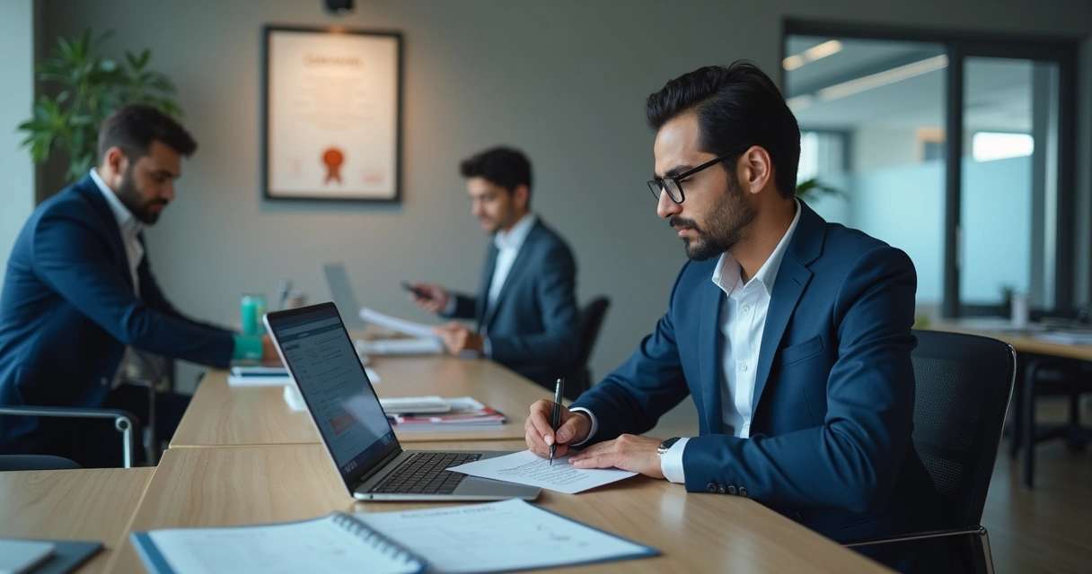Profesional mexicano firmando digitalmente un documento en computadora 