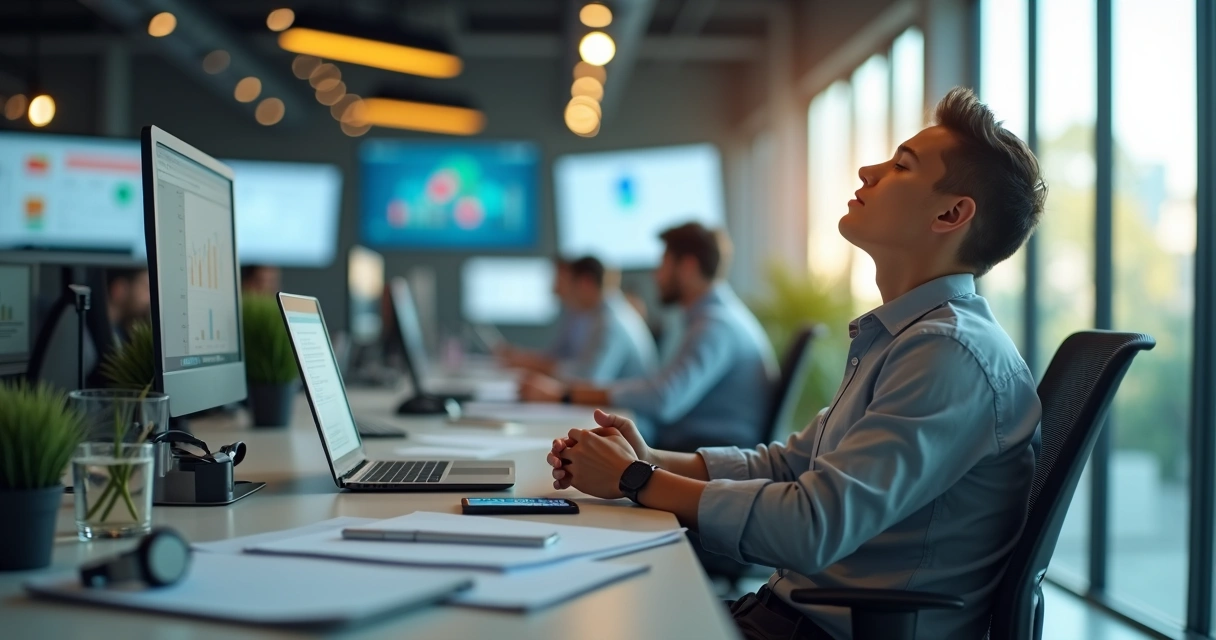 Profesional en oficina equilibrando trabajo intenso con pausas de autocuidado 