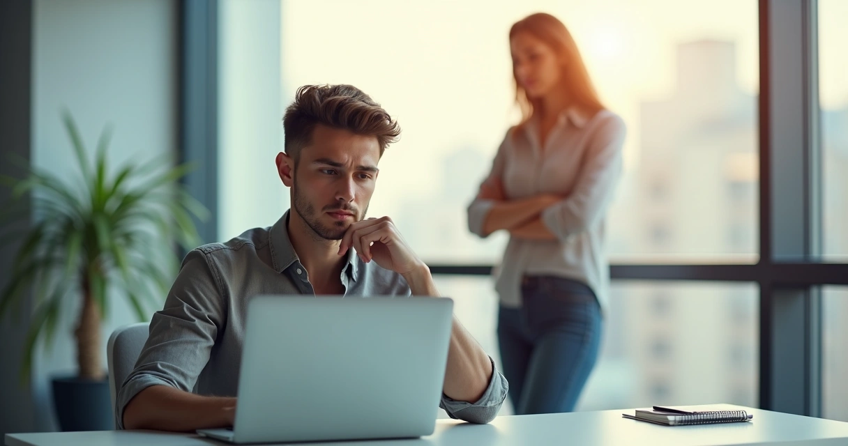 Profesional reflexionando frente al computador con una versión segura de sí mismo al fondo 
