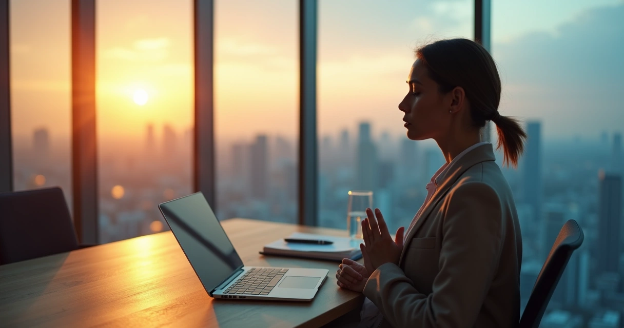 Profesional sentado reflexionando frente a gran ventanal con colores cálidos y fríos mezclados 