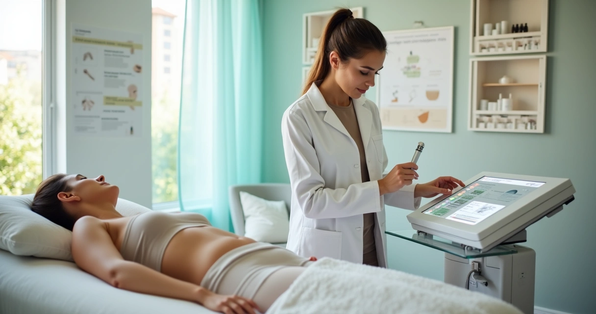 Profesional de estética ajustando equipo de lipodrenaje junto a paciente en camilla 