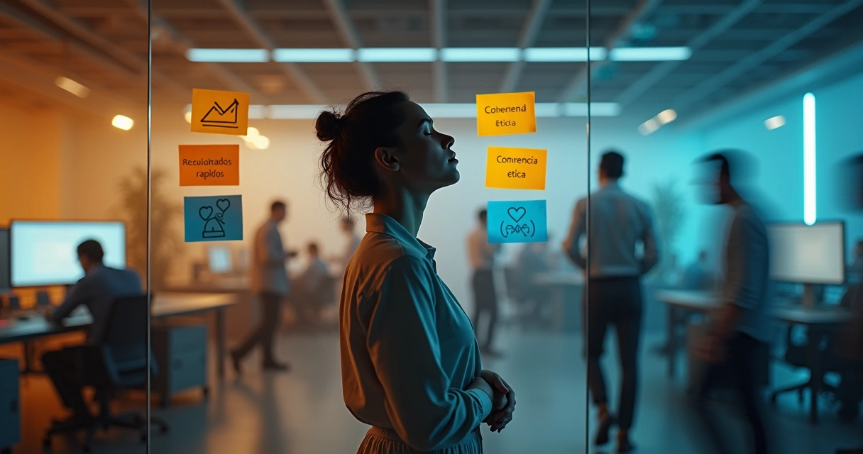 Profesional hace una pausa consciente frente a un tablero con dilemas en la oficina 