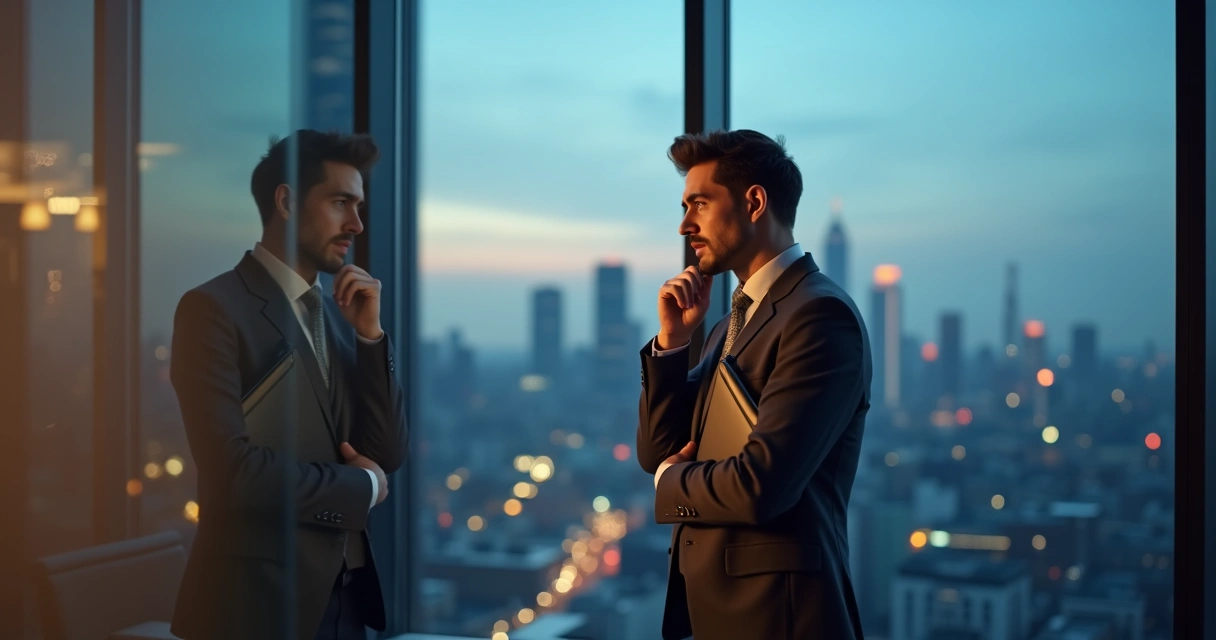 Profesional mirando su reflejo en un vidrio de oficina con duda y reflexión 
