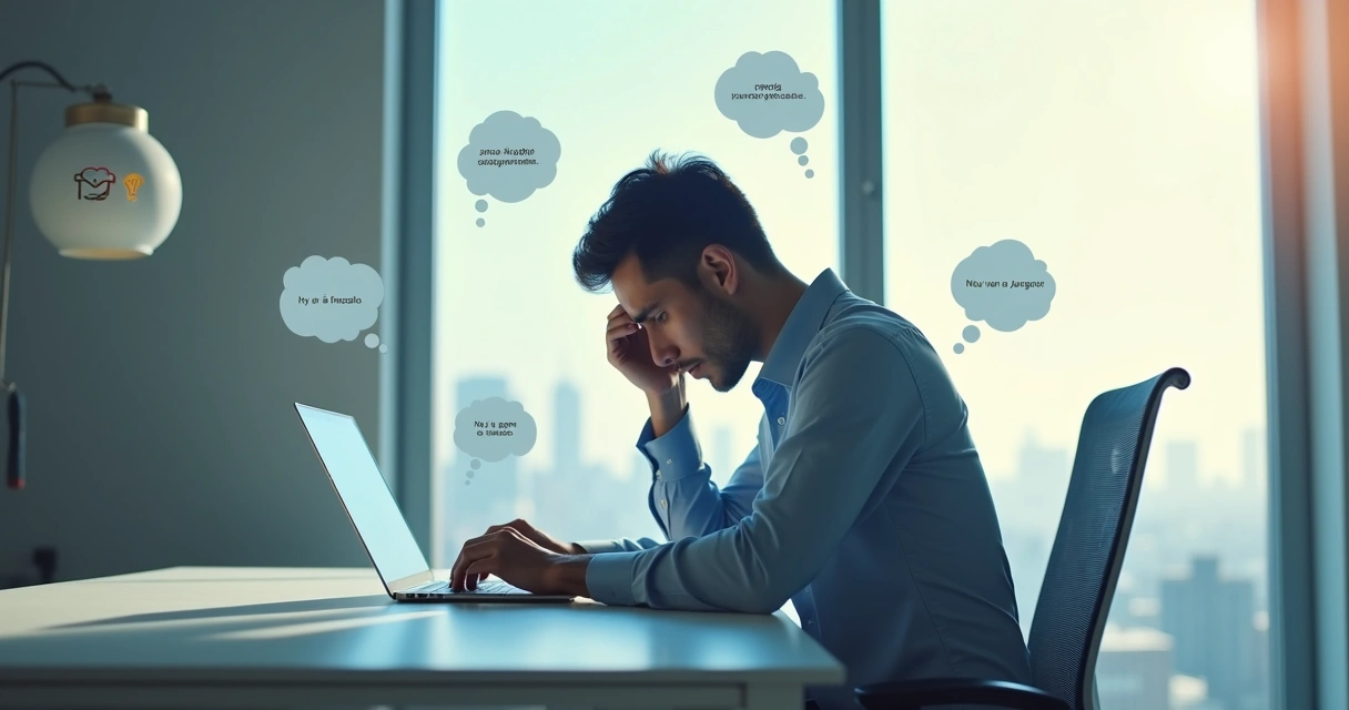 Profesional sentado frente al ordenador con siluetas de pensamientos negativos detrás 