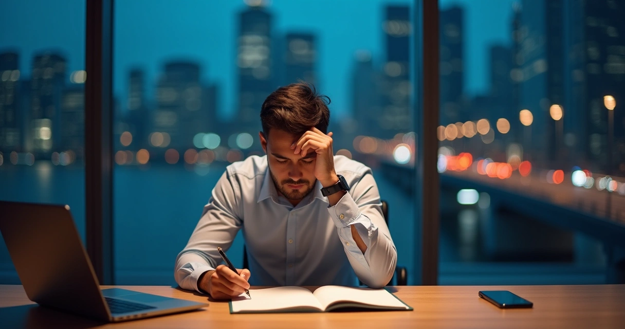 Profesional solo en una oficina de noche mirando la ciudad pensativo 