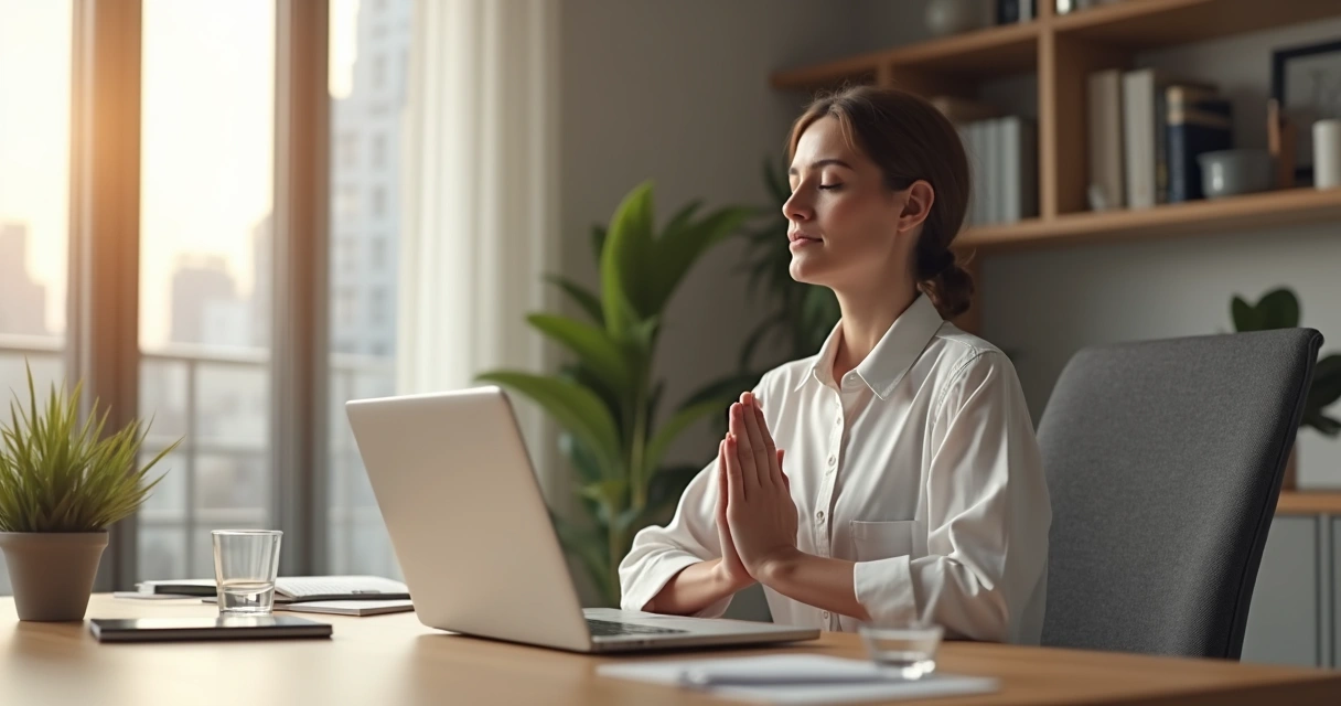 Persona profesional respirando profundamente frente al ordenador en una oficina tranquila 