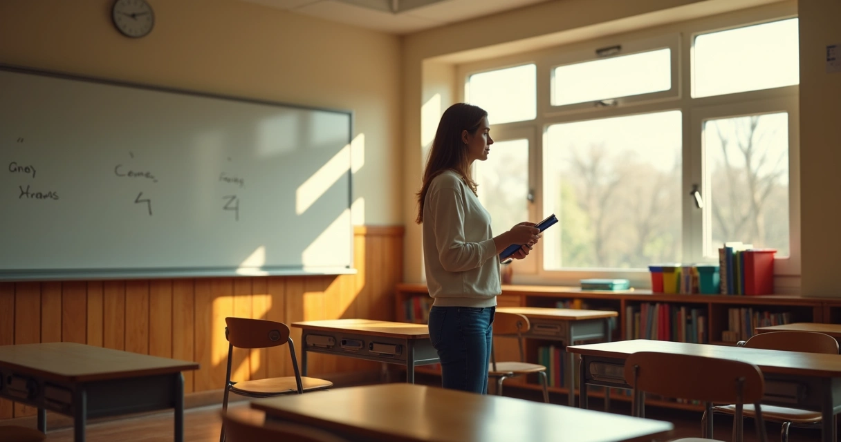 Docente reflexionando frente a una clase vacía 