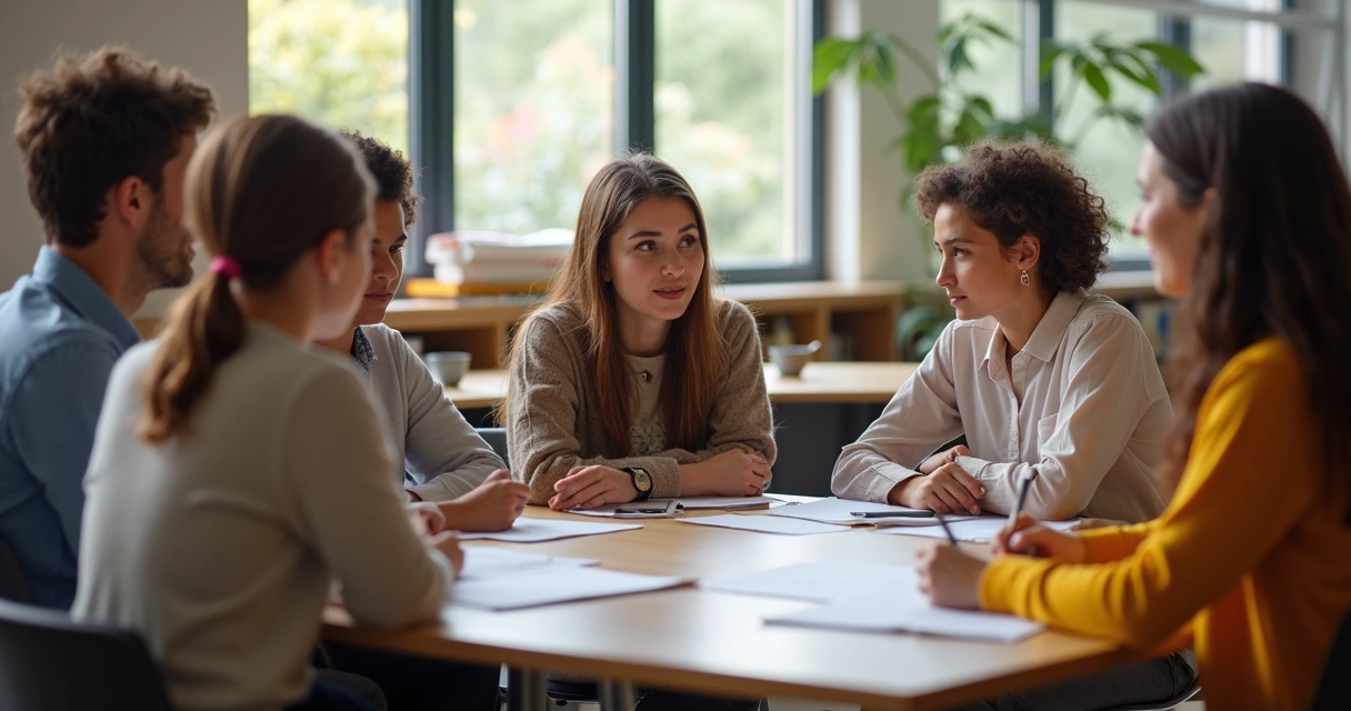 Docentes y padres sentados en ronda durante una reunión escolar 
