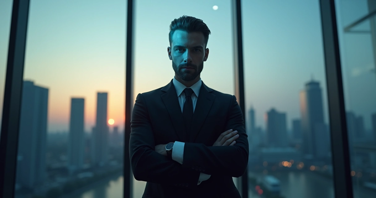 Business professional with confident mask hiding a shadow of inner pain 