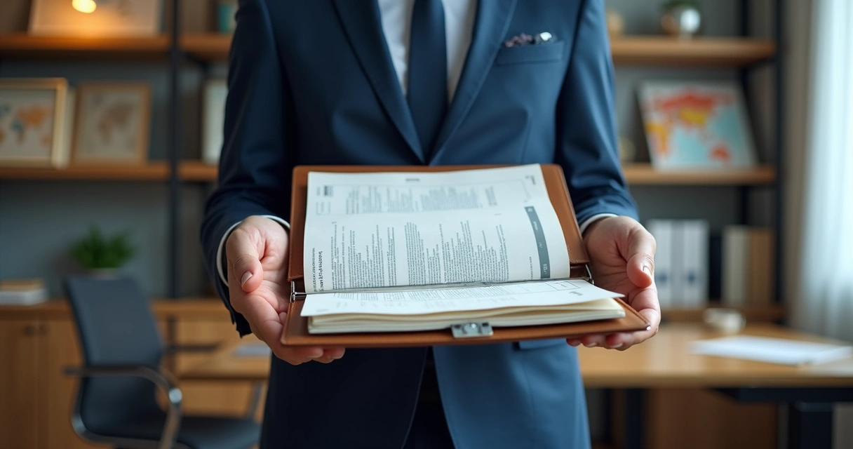 An applicant holding a portfolio with recommendation letters and diplomas. 