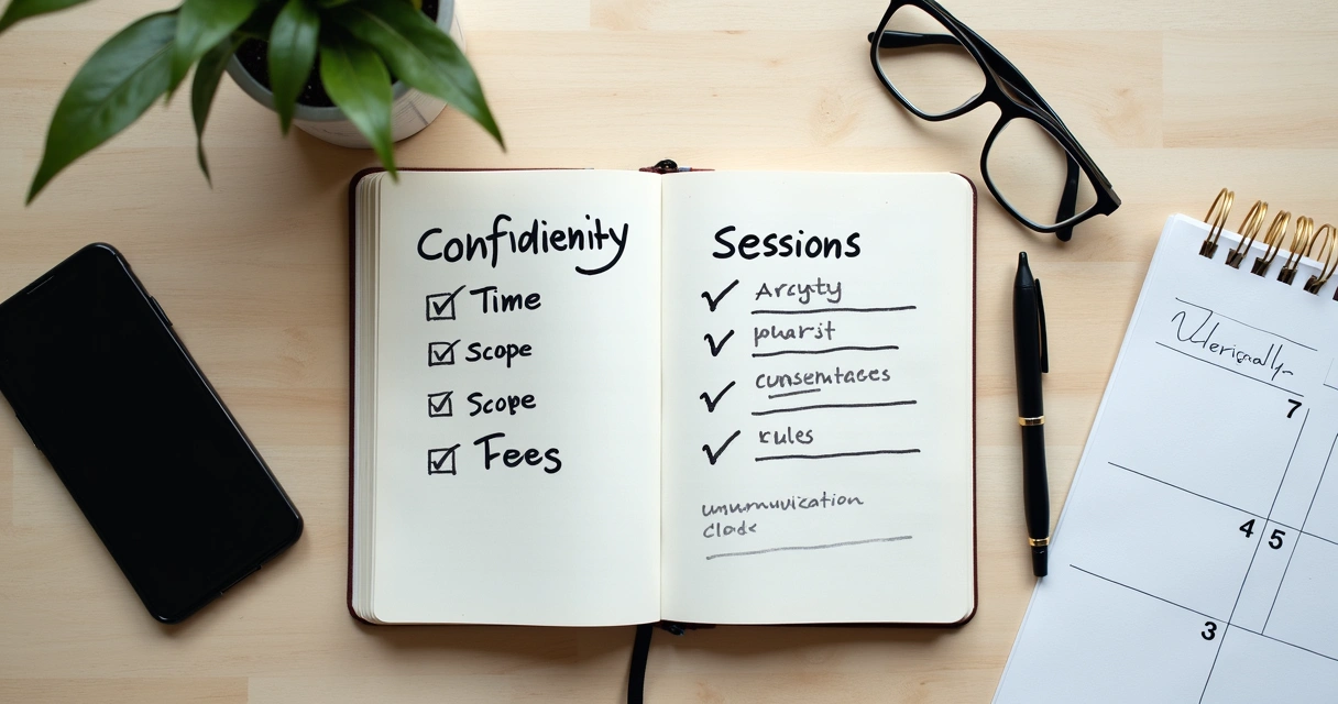 Notebook with boundary topics beside a phone and calendar on a desk 
