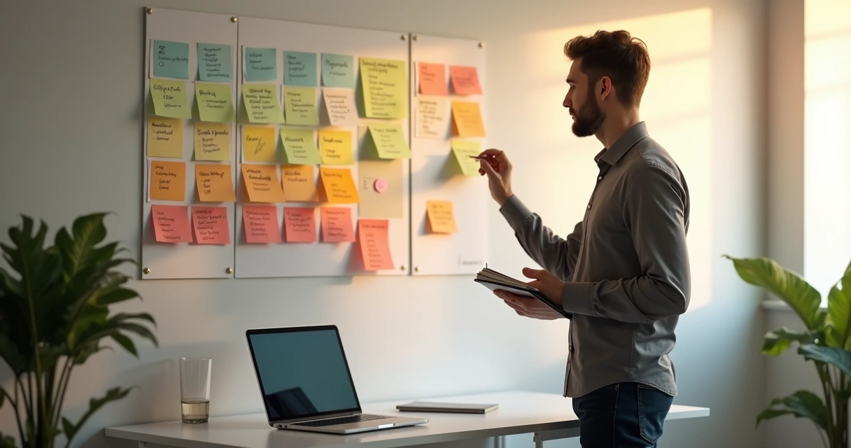 Professional studying a wall of color-coded emotion notes 