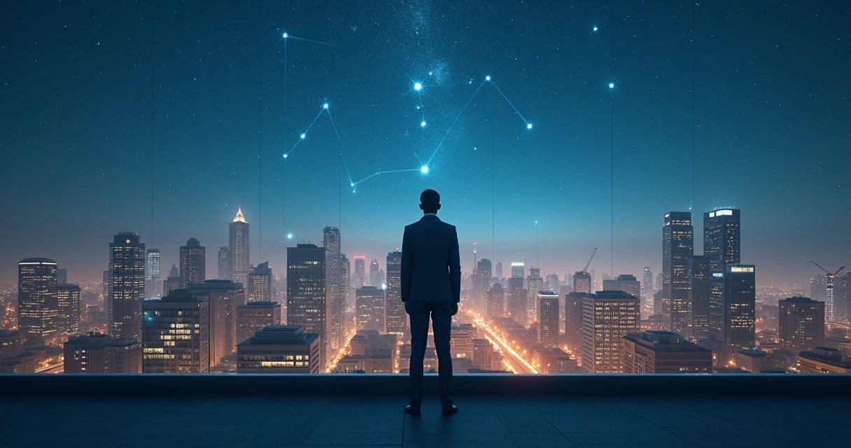 Business person observing constellations forming over a city skyline 