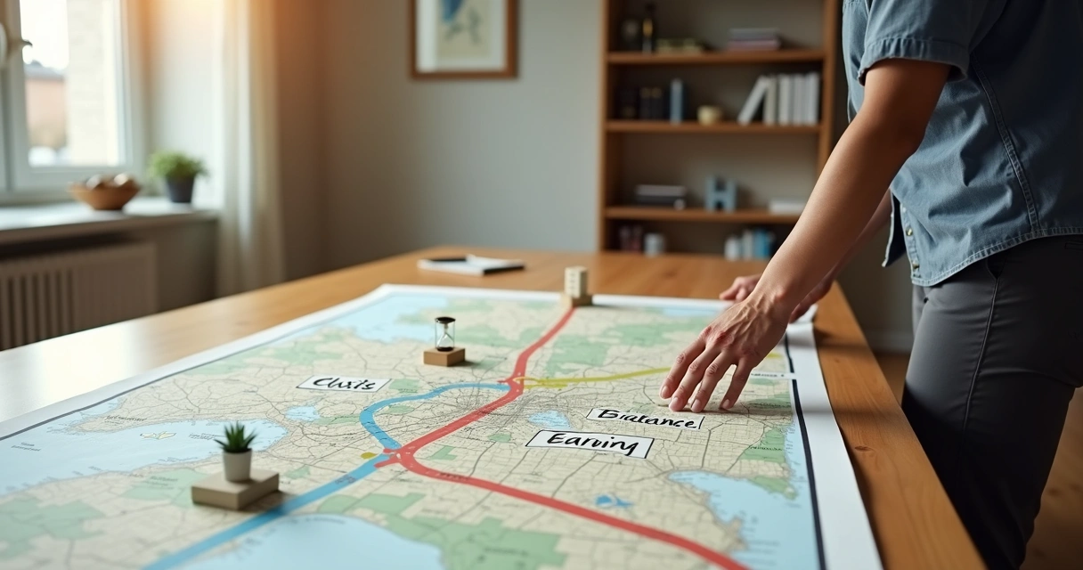 Professional studying a large city map with multiple highlighted paths 