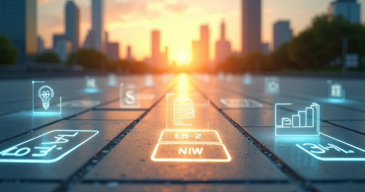 Conceptual pathway formed by EB card icons leading to modern U.S. city skyline 