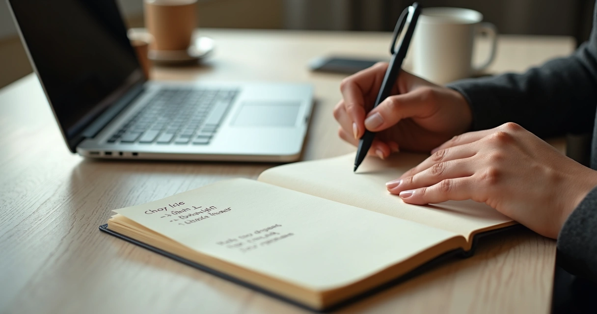Professional reflecting in notebook at desk 