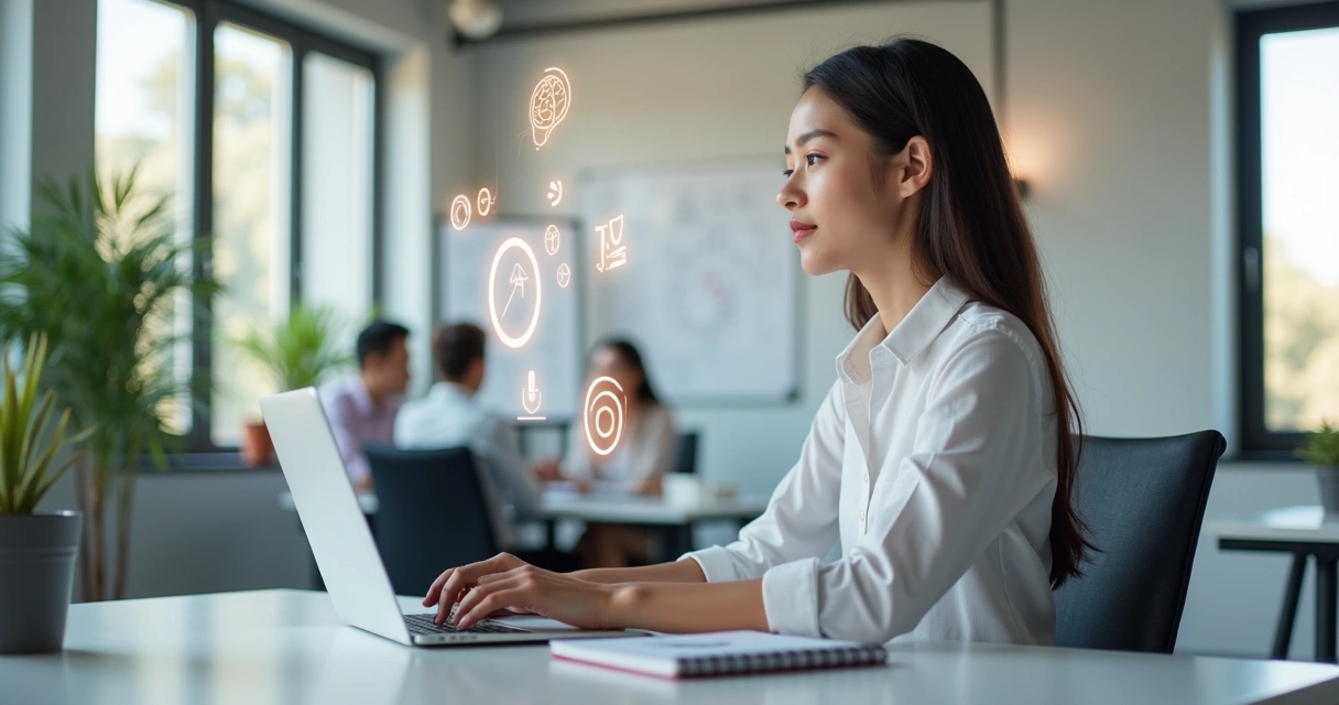 Professional in modern office surrounded by subtle emotional habit icons 