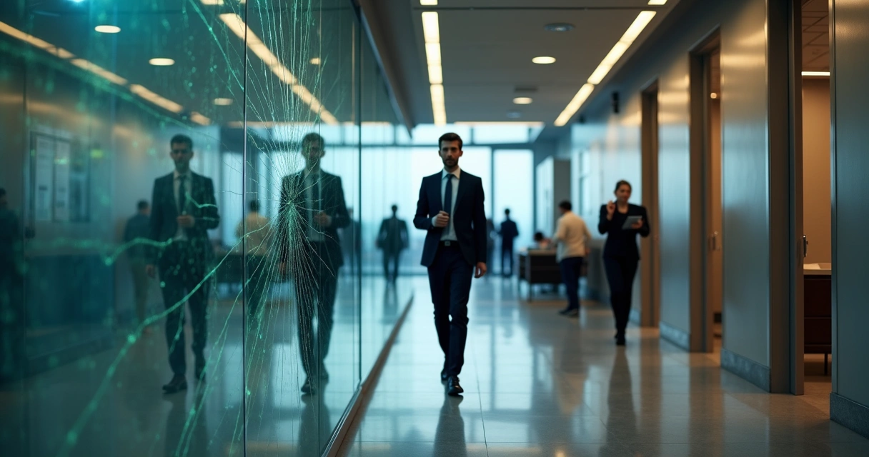 Office corridor reflection showing cracked glass between coworkers 