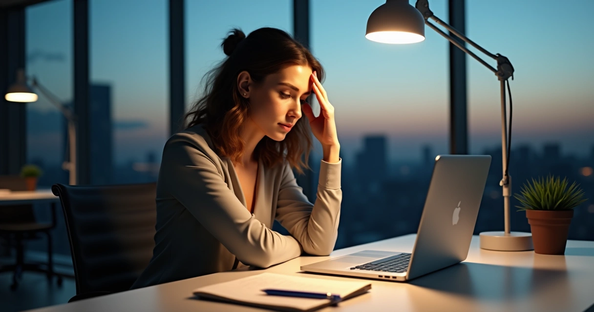 Professional woman reflecting alone in office after tough feedback 