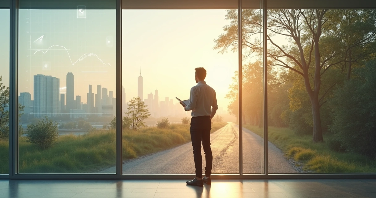 Person reflecting in front of a window with overlapping city and nature landscape 