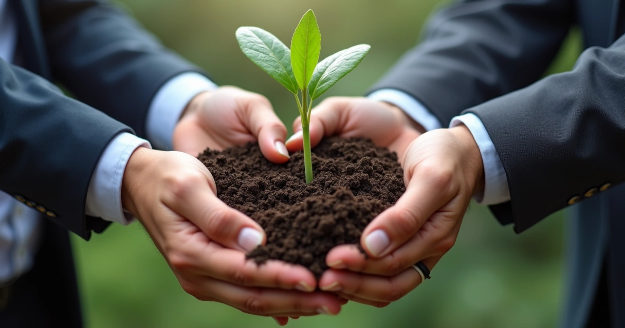 Professional hands holding a seedling together 