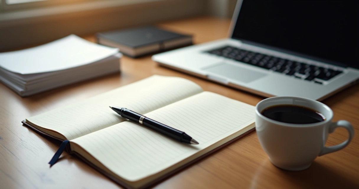 Journaling tools and notebook on wooden desk in natural light
