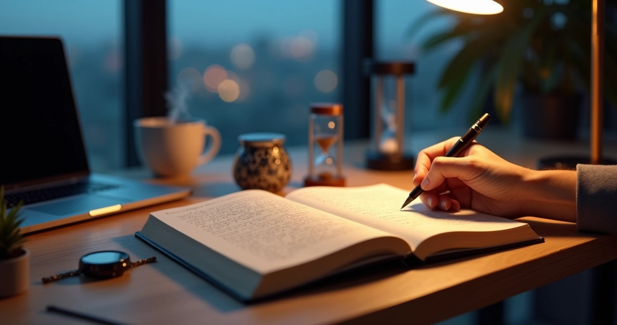 Professional writing in a journal at a calm evening desk 