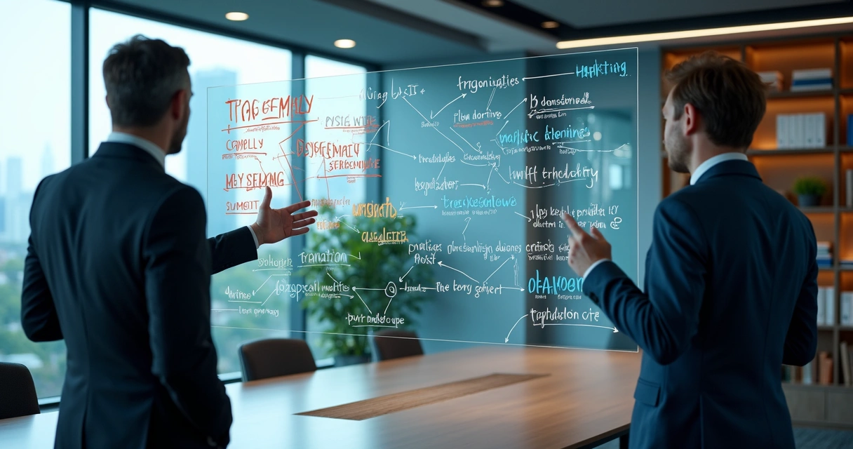Two professionals at a glass board observing tangled and clarified phrases 