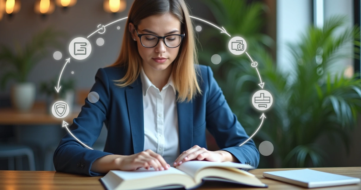 Person reading a book with digital icons floating above 