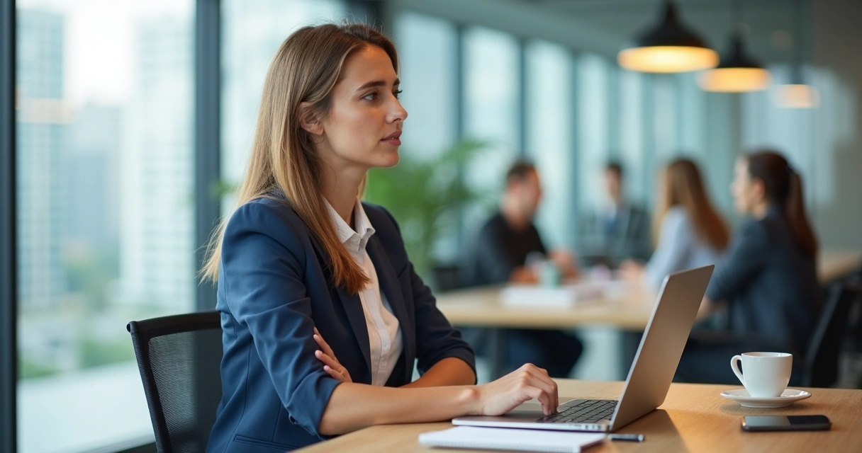 Professional woman pausing to manage her emotional reaction in a modern office 