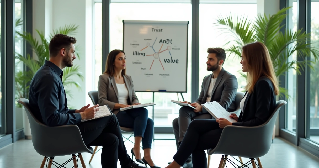 Small professional group in thoughtful office conversation 